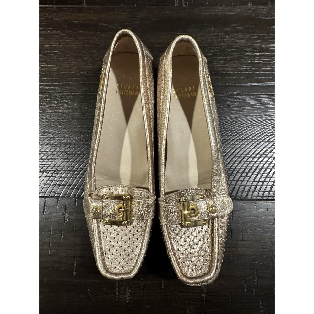 Stuart Weitzman Women Champagne Gold Metallic Leather Loafer Flats 7.5M